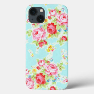 ヴィンテージの花のバラの青いぼろぼろのばら色パターン iPhone 13ケース