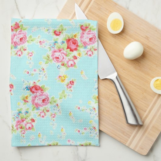 ヴィンテージの花のバラの青いぼろぼろの上品のばら色の花 キッチンタオル (四つ折り)