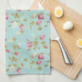 ヴィンテージの花のバラの青いぼろぼろの上品のばら色の花 キッチンタオル (四つ折り)