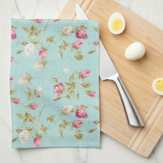 ヴィンテージの花のバラの青いぼろぼろの上品のばら色の花 キッチンタオル (四つ折り)