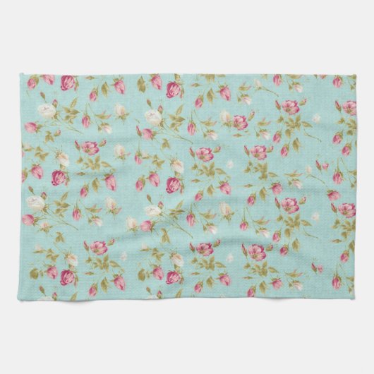 ヴィンテージの花のバラの青いぼろぼろの上品のばら色の花 キッチンタオル (横)