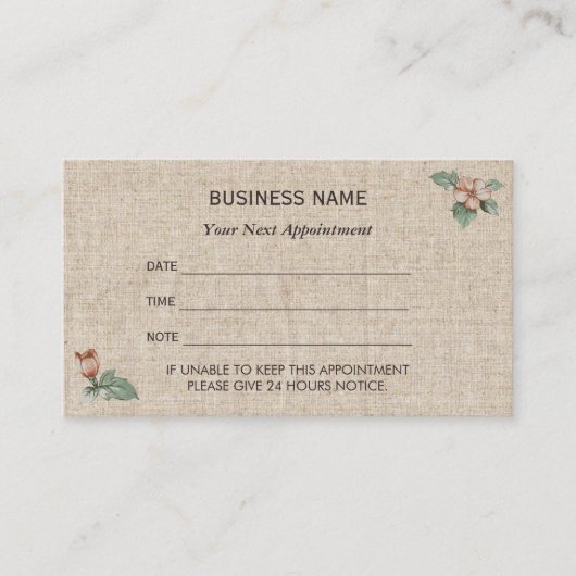 ヴィンテージの花のバーラップのアポイントメントのメモ 予約カード (正面)