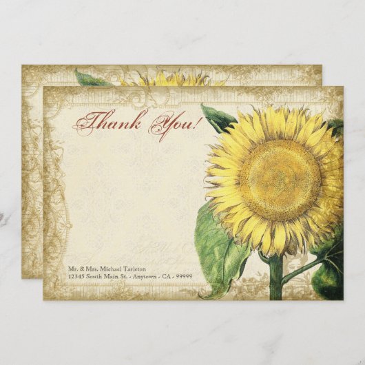 ヴィンテージの花のヒマワリ-秋の秋の結婚式 サンキューカード (正面/裏面)