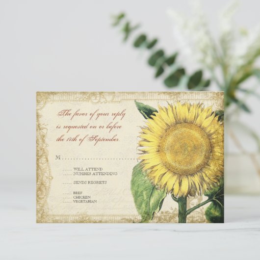 ヴィンテージの花のヒマワリ-秋の秋の結婚式 出欠カード (スタンド正面)