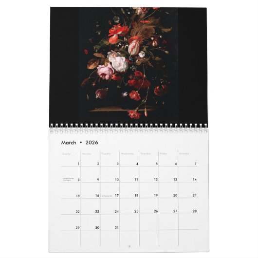 ヴィンテージの花のビクトリアンな油絵2019年 カレンダー (3月 2026)