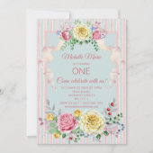 ヴィンテージの花のピンクの青の最初誕生日 招待状 (正面)