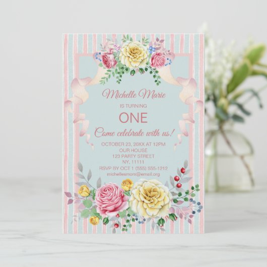 ヴィンテージの花のピンクの青の最初誕生日 招待状 (スタンド正面)