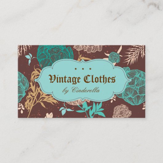 ヴィンテージの花のファッション衣類のティール(緑がかった色)茶色がかった鋼色 名刺 (正面)