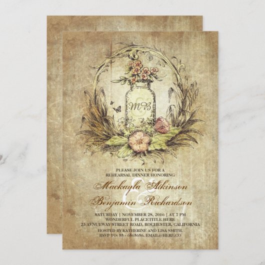 ヴィンテージの花のメーソンジャーの素朴なリハーサルの夕食 招待状 (正面/裏面)