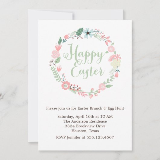 ヴィンテージの花のリースのイースターブランチ 招待状 (正面)