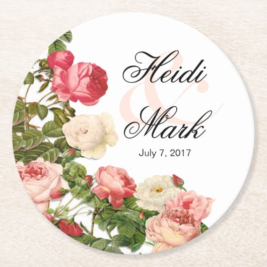 ヴィンテージの花のロマンスのピンクのバラ|の白 ラウンドペーパーコースター (正面)