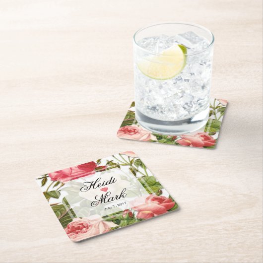 ヴィンテージの花のロマンスのピンクのバラ スクエアペーパーコースター (インサイチュ)