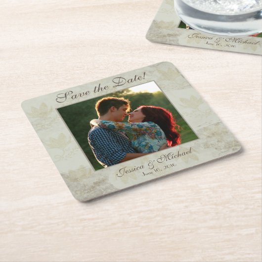 ヴィンテージの花の写真の保存日付 スクエアペーパーコースター (アングル)