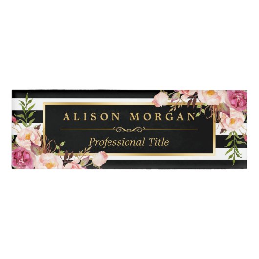 ヴィンテージの花の包む金ゴールドの白黒のストライプ 名札 (正面)