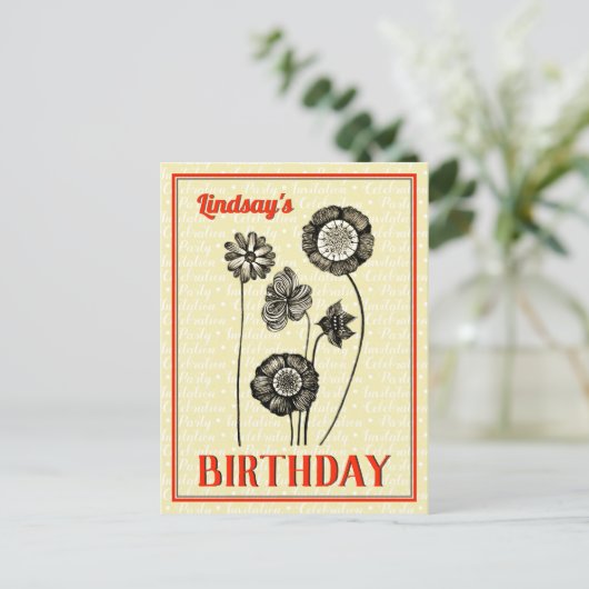 ヴィンテージの花の名前をカスタマイズ フラワーバースデー インビテーションポストカード (スタンド正面)
