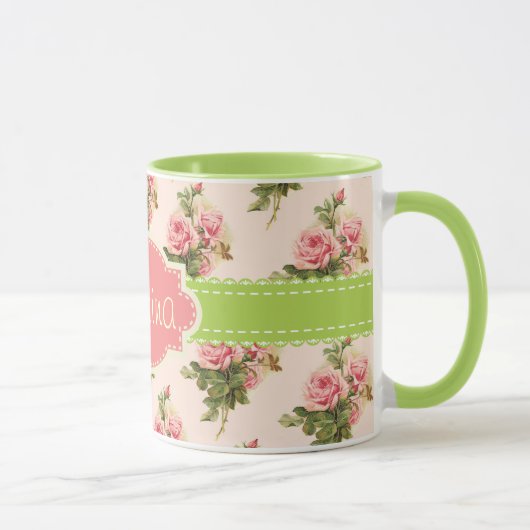ヴィンテージの花の名前をカスタムするのピンクの緑 マグカップ (右)