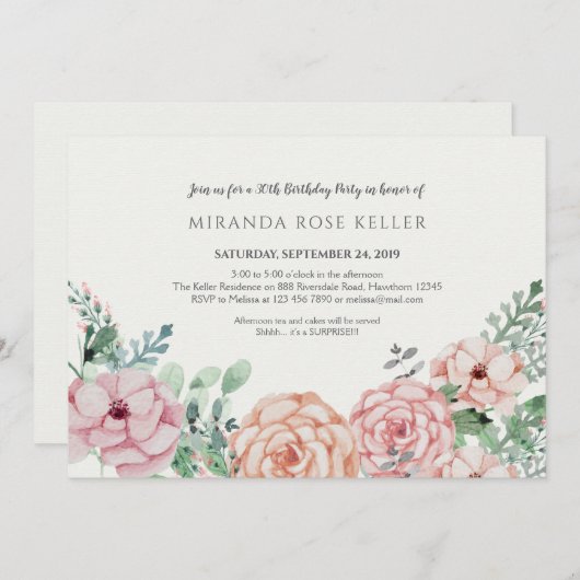 ヴィンテージの花の大人の誕生日の招待状 招待状 (正面/裏面)