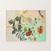 ヴィンテージの花の植物のイラストレーションによっては芸術が開花します ジグソーパズル (横)
