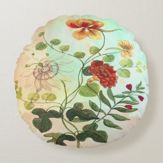 ヴィンテージの花の植物のイラストレーションによっては芸術が開花します ラウンドクッション (正面)