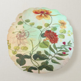 ヴィンテージの花の植物のイラストレーションによっては芸術が開花します ラウンドクッション