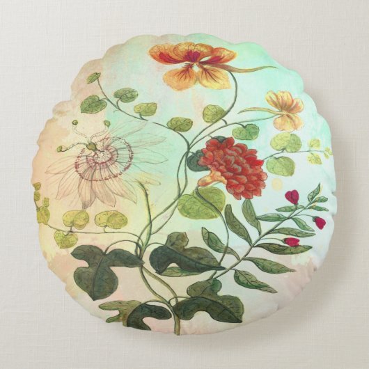 ヴィンテージの花の植物のイラストレーションによっては芸術が開花します ラウンドクッション (正面)