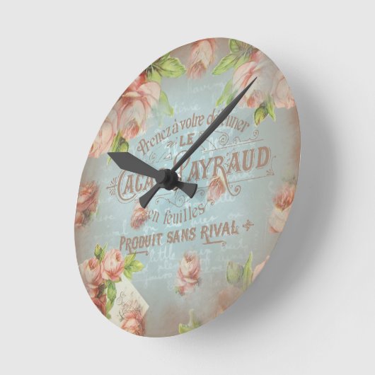 ヴィンテージの花の歴史的フランスのな青のバラ ラウンド壁時計 (傾斜)