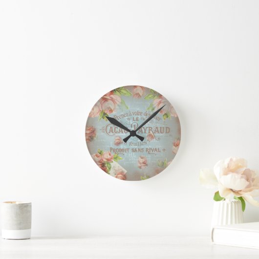 ヴィンテージの花の歴史的フランスのな青のバラ ラウンド壁時計 (ホーム)