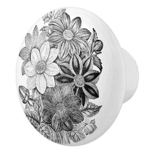 ヴィンテージの花の白黒のプリント セラミックノブ (右)