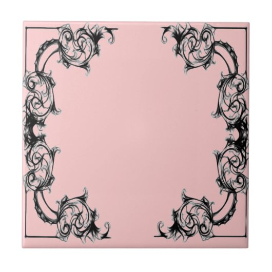 ヴィンテージの花の白黒ピンクのタイル タイル (正面)