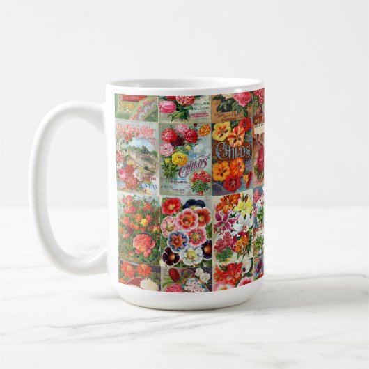 ヴィンテージの花の種の包みの庭のコラージュ コーヒーマグカップ (左)