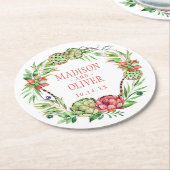 ヴィンテージの花の緑及びピンクのSucculent結婚する| ラウンドペーパーコースター (アングル)
