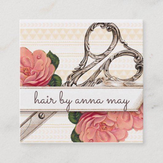 ヴィンテージの花の美容師の美容師のピンク スクエア名刺 (正面)
