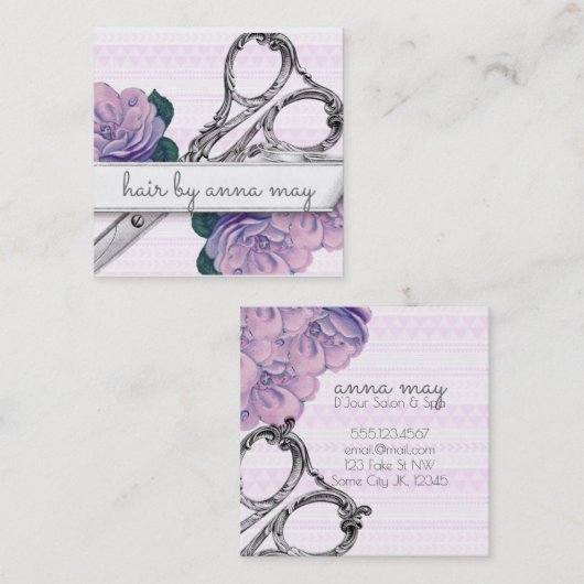 ヴィンテージの花の美容師の美容師の紫色 スクエア名刺 (正面/裏面)