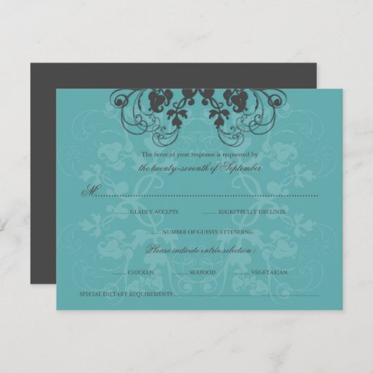 ヴィンテージの花の華麗さのティール(緑がかった色)の孔雀RSVPカード 出欠カード (正面/裏面)