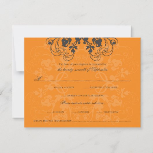 ヴィンテージの花の華麗さの木炭オレンジRSVPカード 出欠カード (正面)