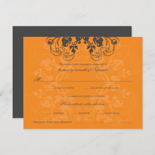 ヴィンテージの花の華麗さの木炭オレンジRSVPカード 出欠カード (正面/裏面)
