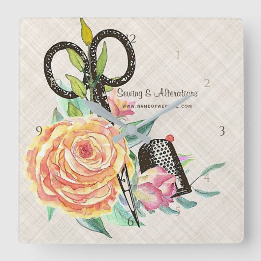 ヴィンテージの花の裁縫婦のはさみおよび指ぬき スクエア壁時計 (正面)