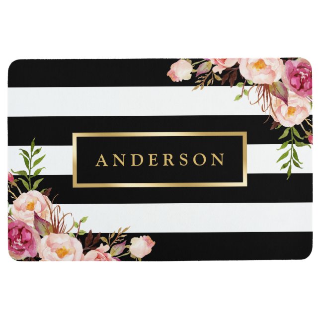 ヴィンテージの花の覆いのクラシックな白黒のストライプ フロアマット (正面)