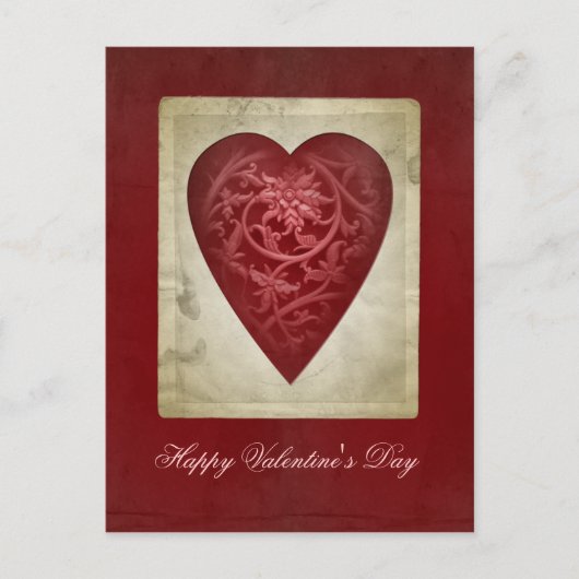 ヴィンテージの花の郵便はがきとの赤いバレンタインのハート シーズンポストカード (正面)