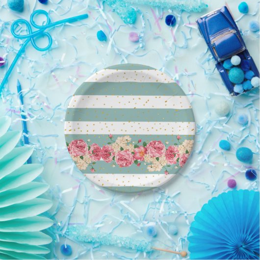 ヴィンテージの花の金ゴールドのフェイクなグリッターの点は縞で飾ります ペーパープレート (パーティー)