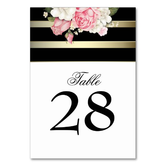 ヴィンテージの花の金ゴールドの白黒のストライプの結婚 テーブルナンバー (正面)