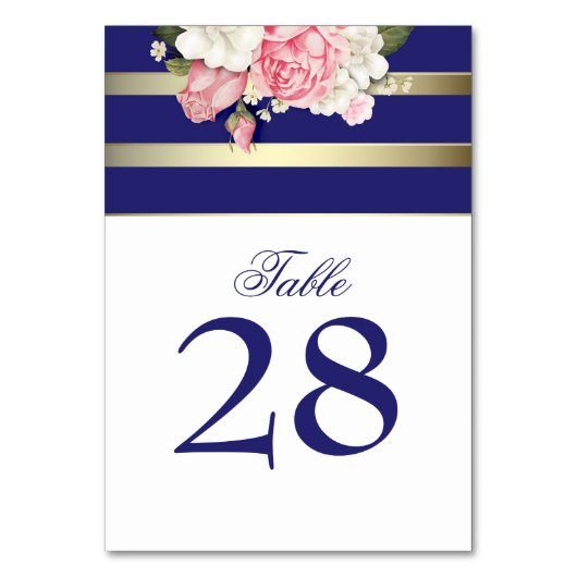 ヴィンテージの花の金ゴールド海軍白のストライプの結婚 テーブルナンバー (正面)