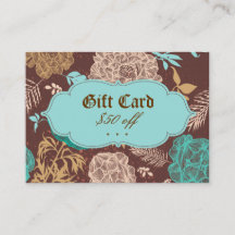 ヴィンテージの花の青いティール（緑がかった色）のブラウンのギフトカード