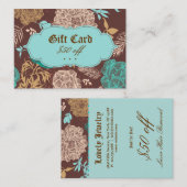 ヴィンテージの花の青いティール（緑がかった色）のブラウンのギフトカード 割引カード (正面/裏面)