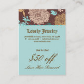 ヴィンテージの花の青いティール（緑がかった色）のブラウンのギフトカード 割引カード (裏面)