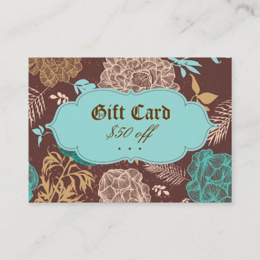 ヴィンテージの花の青いティール（緑がかった色）のブラウンのギフトカード 割引カード (正面)