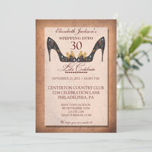 ヴィンテージの花の靴の第30誕生日の招待状 招待状 (スタンド正面)