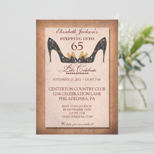 ヴィンテージの花の靴の第65誕生日のパーティの招待状 招待状 (スタンド正面)