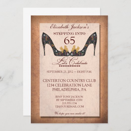 ヴィンテージの花の靴の第65誕生日のパーティの招待状 招待状 (正面/裏面)