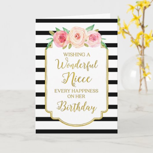 ヴィンテージの花の黒のストライプの姪のバースデー・カード カード (黄色い花)